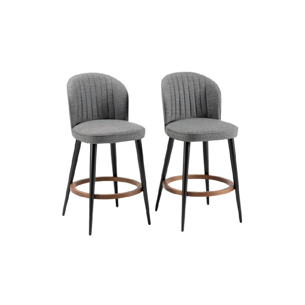 Set of Two Modern Upholstered Bar Stools with Ribbed Design and Metal Legs